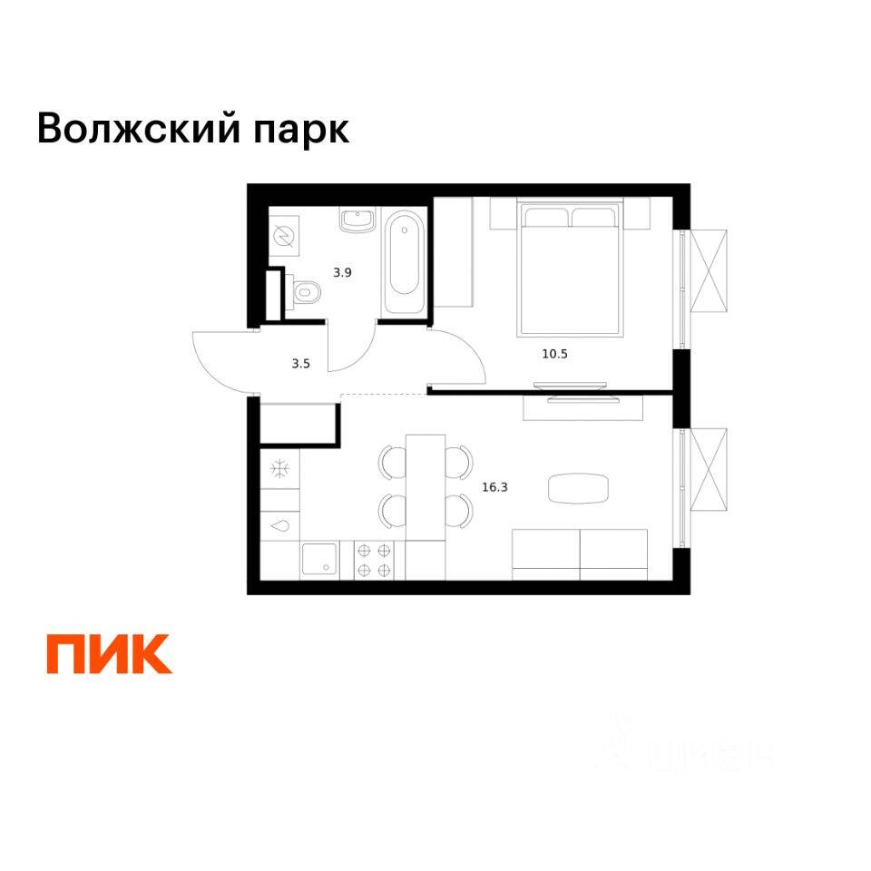 1-комн. квартира, 34,2 м², в ЖК Волжский парк