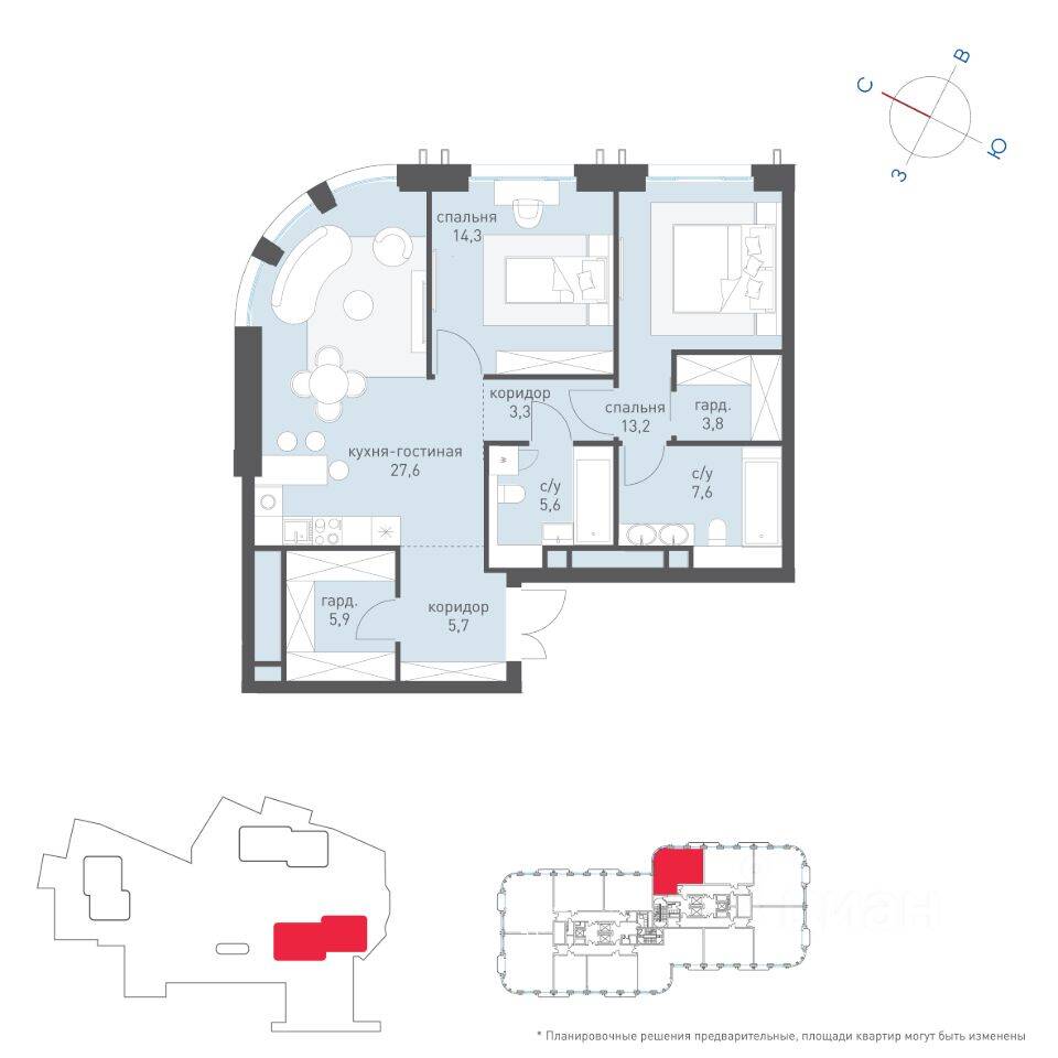 2-комн. квартира, 88 м², в ЖК Татарская 35