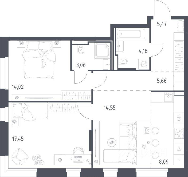 2-комн. квартира, 72,48 м², в ЖК Заречье Парк