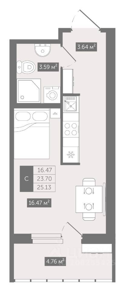 Квартира-студия, 25,13 м², в ЖК UP-квартал «Воронцовский»