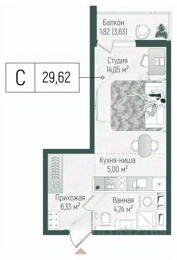 Квартира-студия, 31,44 м², в ЖК Riga Hills