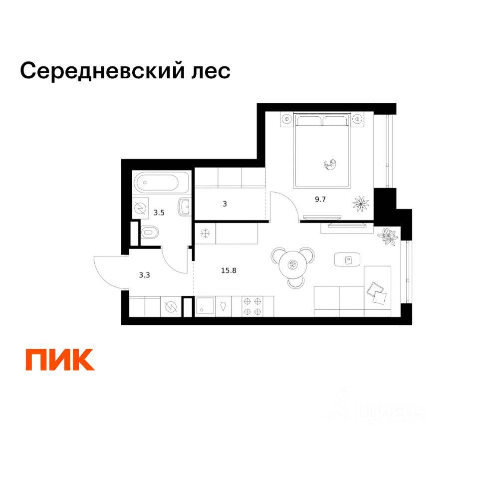 1-комн. квартира, 35,3 м², в ЖК Середневский лес