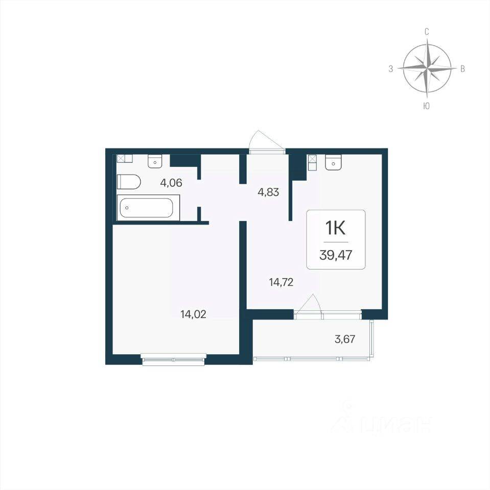 Планировка 1 комнатной квартиры, 39.47 м², в «Расцветай в Янино»