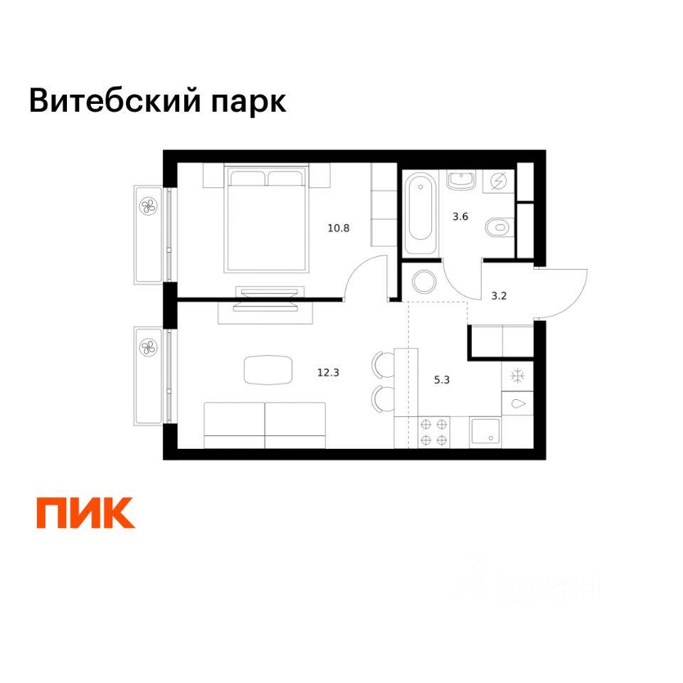 1-комн. квартира, 35,2 м², в ЖК Витебский парк