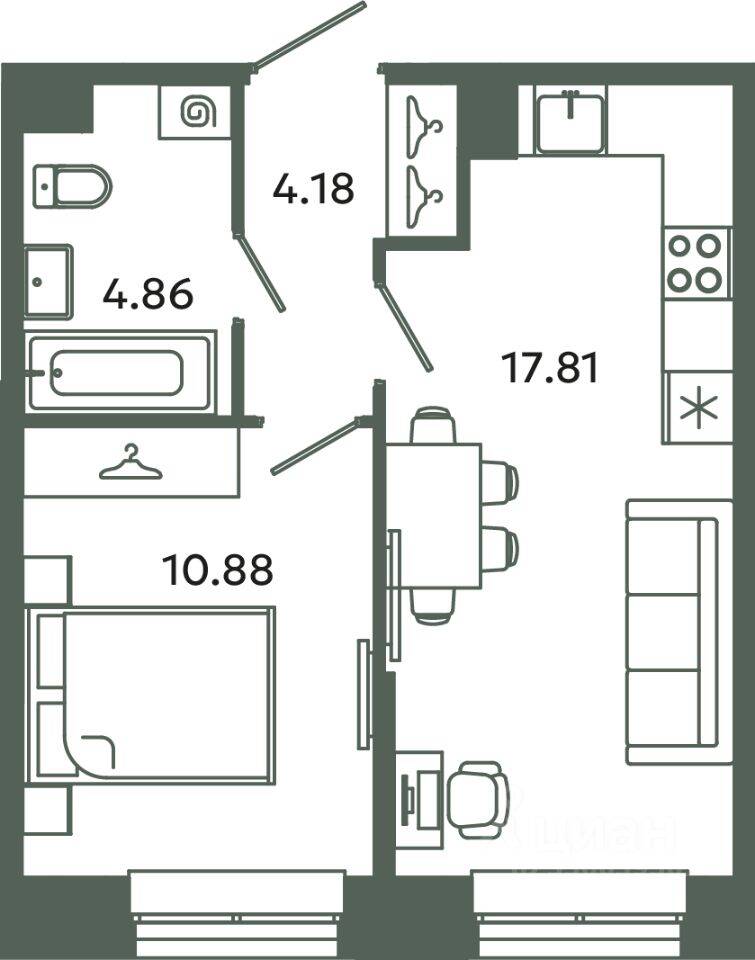 1-комн. квартира, 37,73 м², в ЖК Загляденье