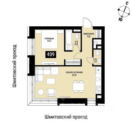 1-комн. квартира, 51,2 м², в ЖК Шелепиха