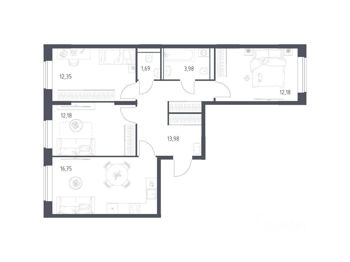3-комн. квартира, 73,11 м², в ЖК Квартал Домашний