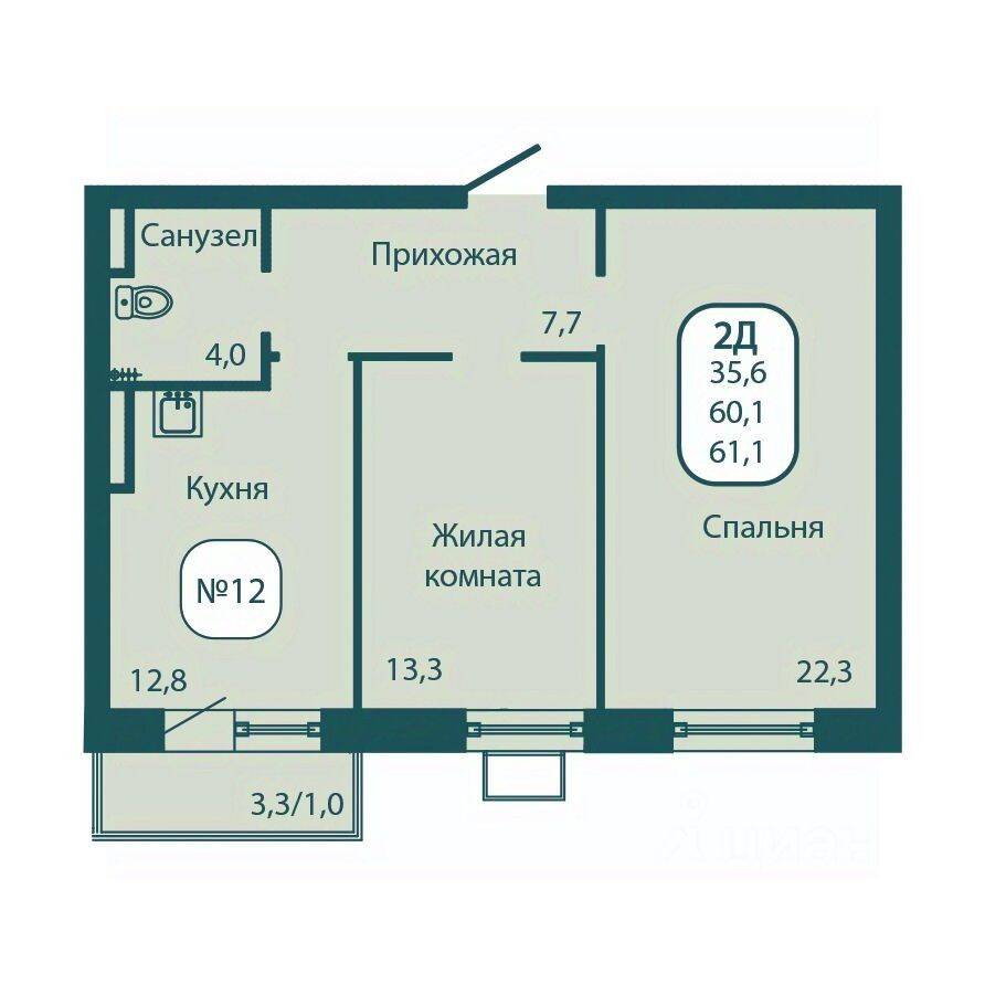 Планировка 2 комнатной квартиры, 61.1 м², в «Андреевка LIFE»