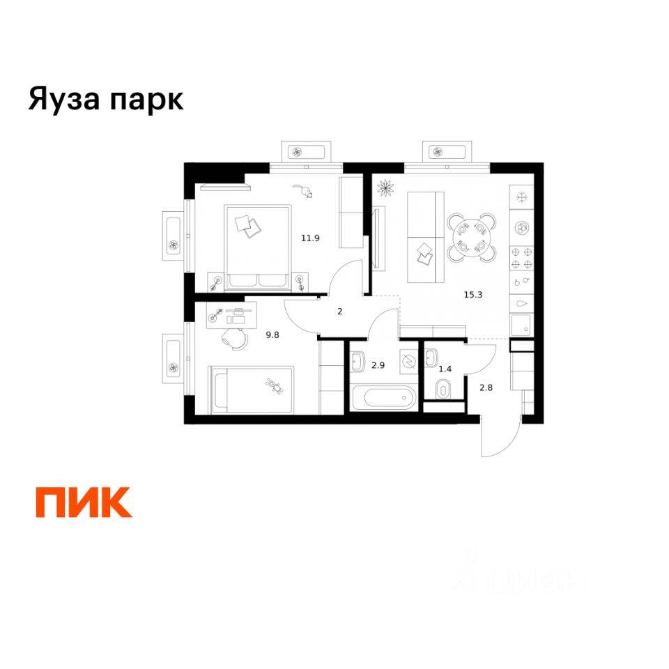 2-комн. квартира, 46,1 м², в ЖК Яуза парк (ПИК)