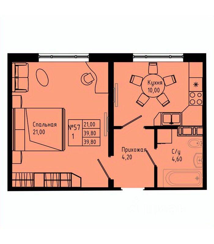 1-комн. квартира, 39,8 м², в ЖК Pixel