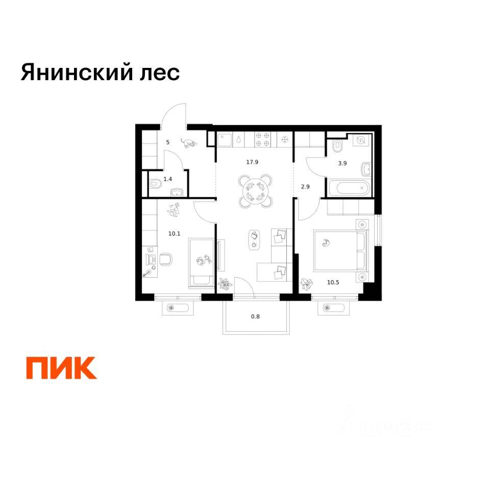 2-комн. квартира, 52,5 м², в ЖК Янинский лес