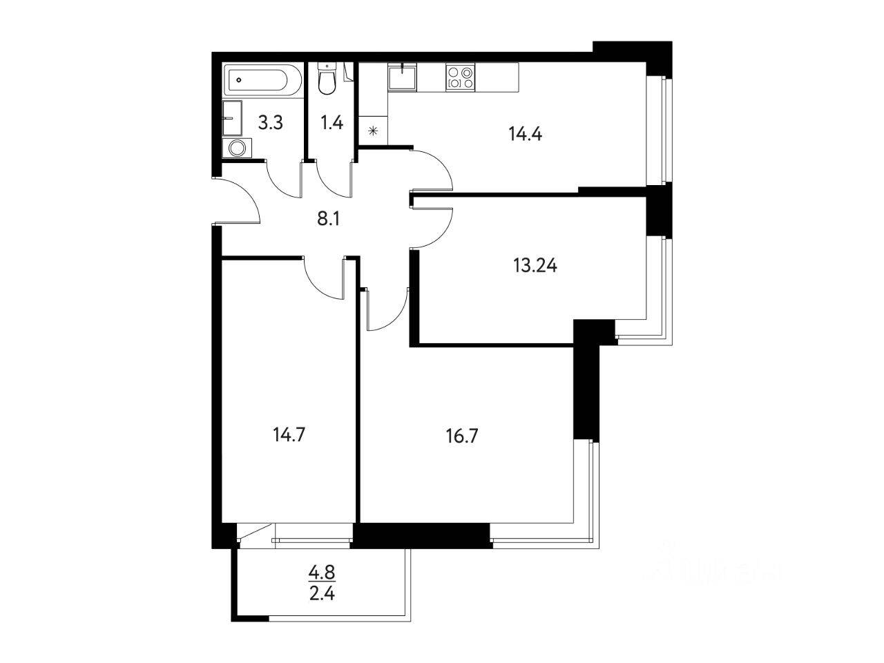 3-комн. квартира, 74,17 м², в ЖК «Солнечный парк»