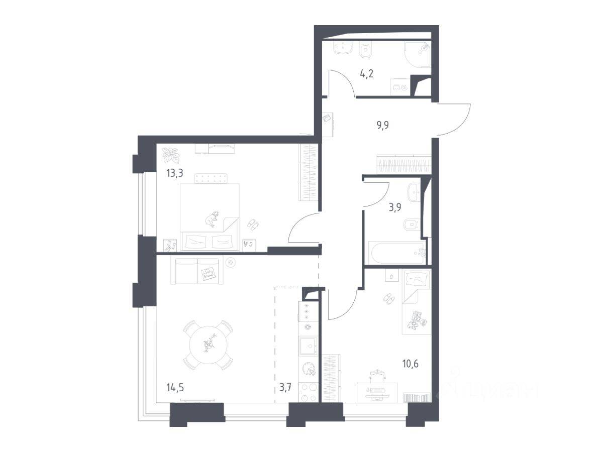 2-комн. квартира, 59,88 м², в Апарт-комплекс Верейская 41