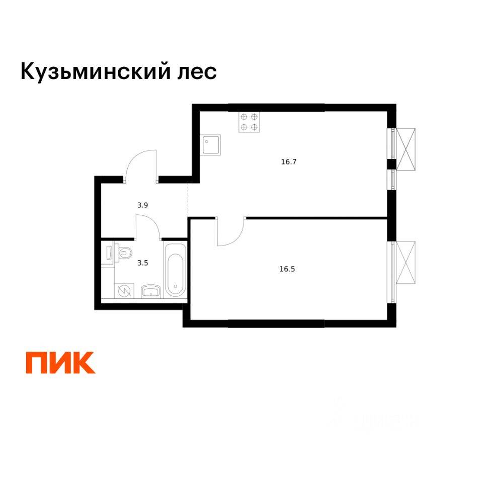 Планировка 1 комнатной квартиры, 40.6 м², в «Кузьминский лес»