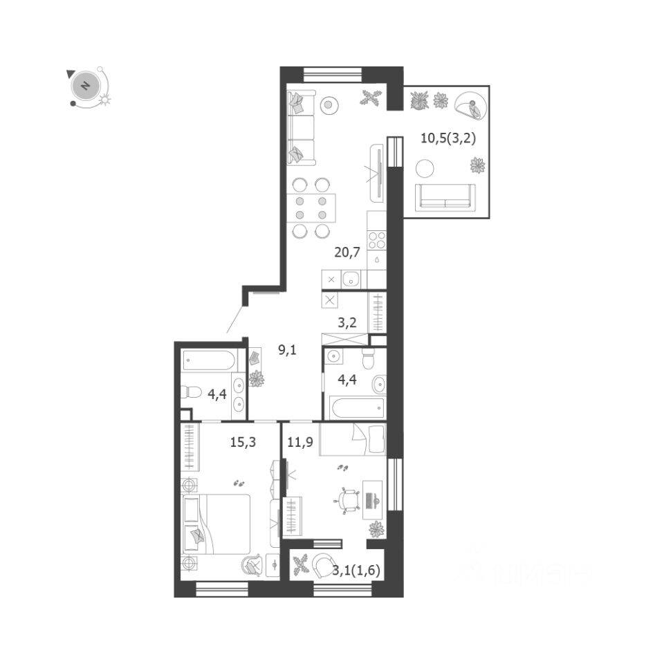 2-комн. квартира, 73,8 м², в ЖК Жилой квартал Shagal