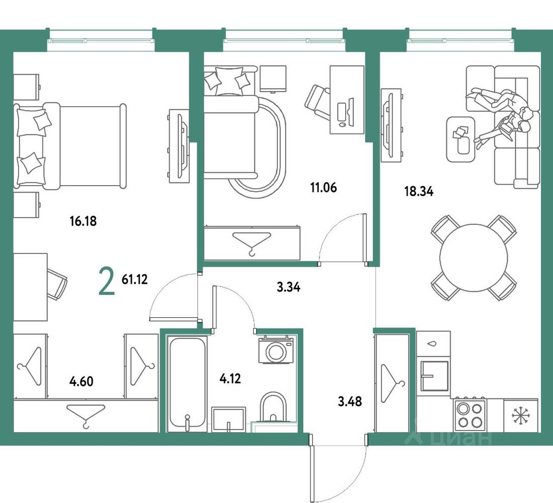 2-комн. квартира, 61,12 м², в ЖК Страна.Парковая
