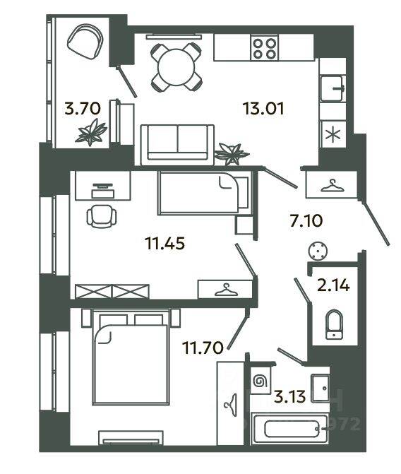 2-комн. квартира, 48,53 м², в ЖК Загляденье