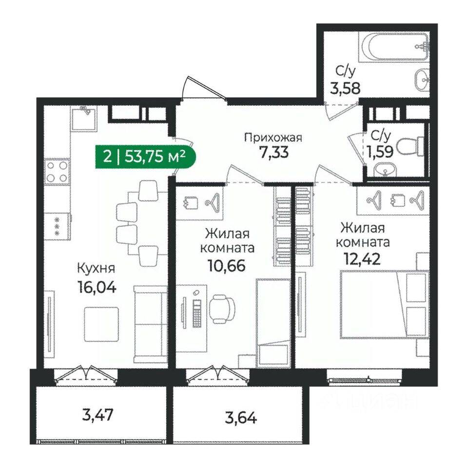 2-комн. квартира, 53,75 м², в ЖК Sertolovo Park