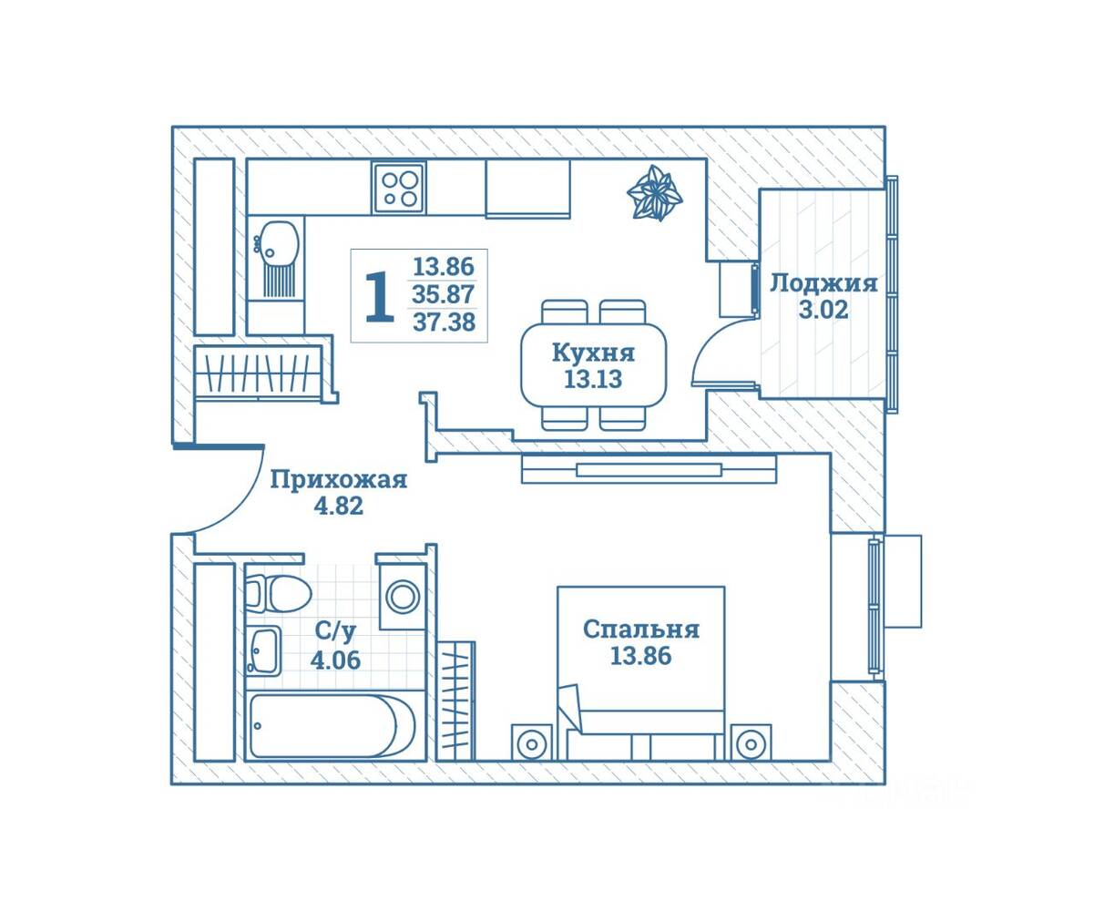 1-комн. квартира, 37,19 м², в ЖК Новоград Монино