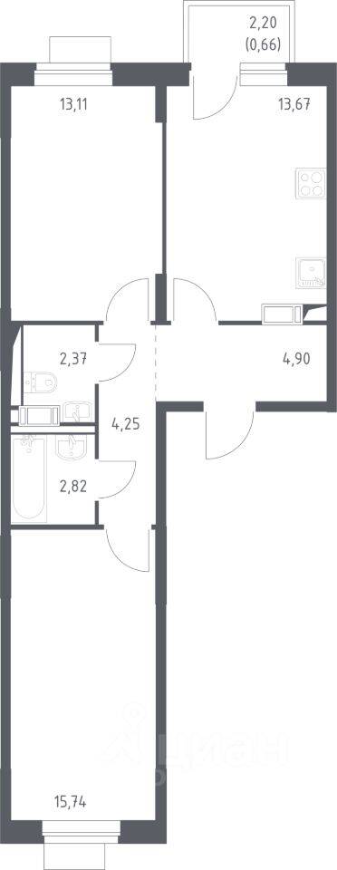 2-комн. квартира, 57,52 м², в ЖК Пятницкие Луга
