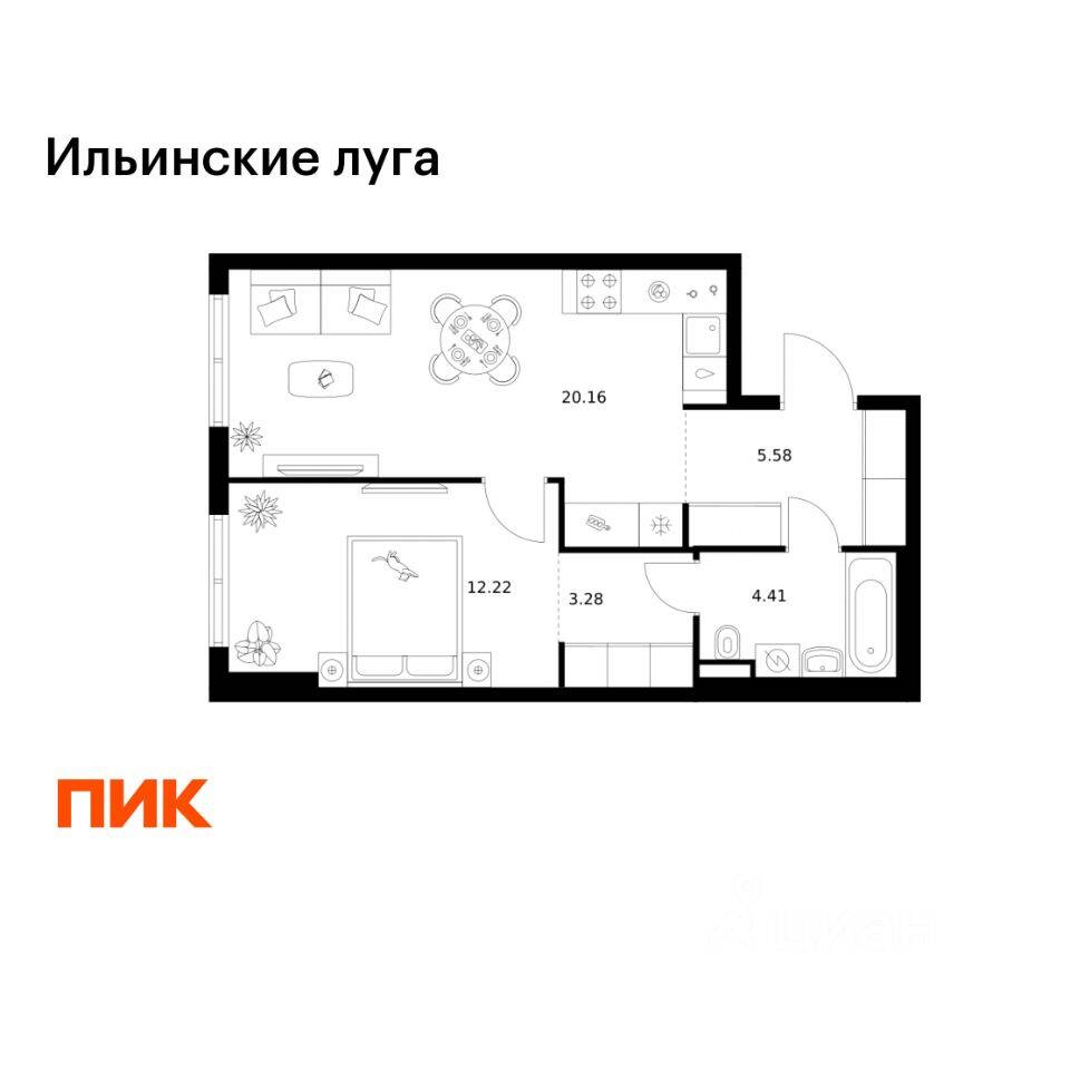 1-комн. квартира, 45,65 м², в ЖК «Ильинские луга»
