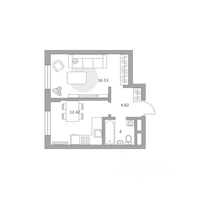 1-комн. квартира, 37,17 м², в Малоэтажный ЖК Живописный
