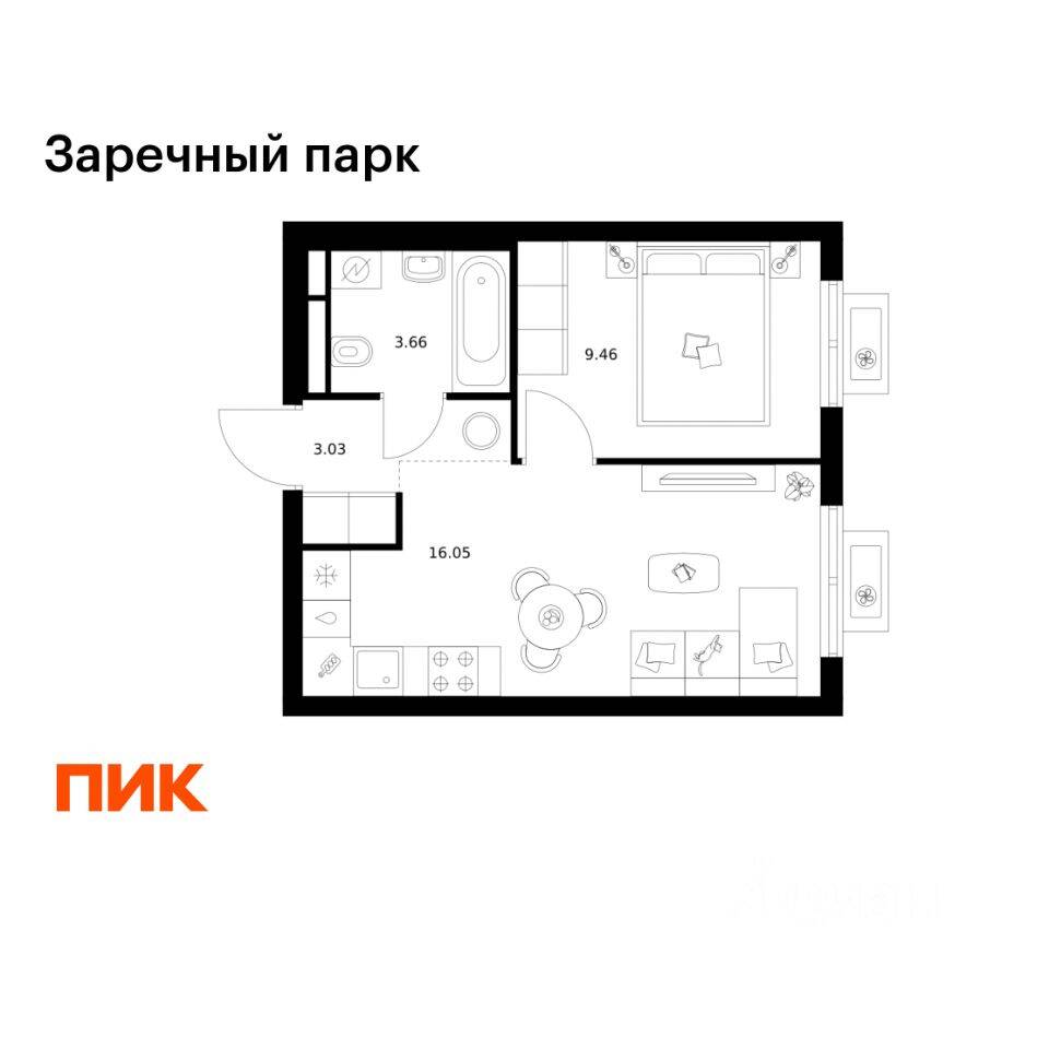 Планировка 1 комнатной квартиры, 32.2 м², в «Заречный парк»