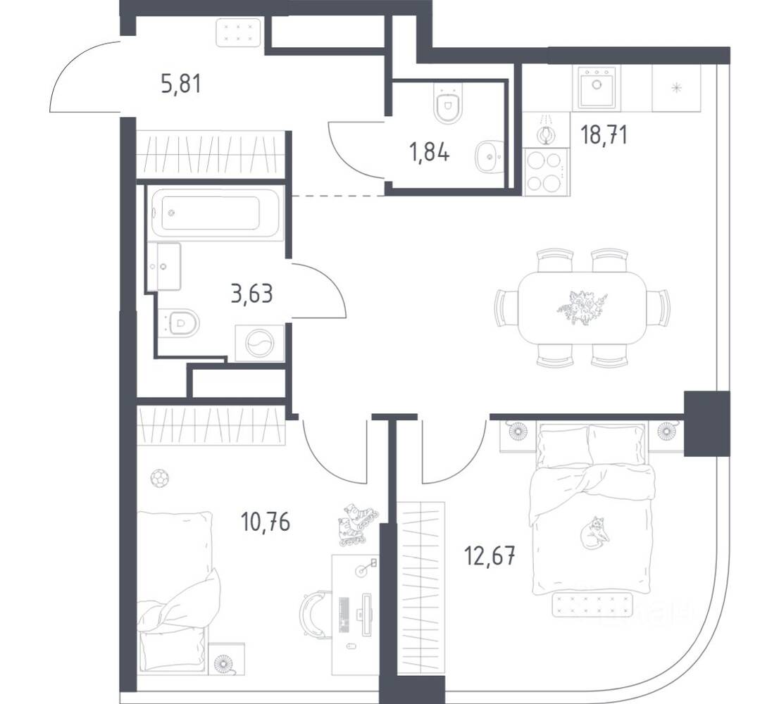 2-комн. квартира, 53,42 м², в ЖК Квартал на воде
