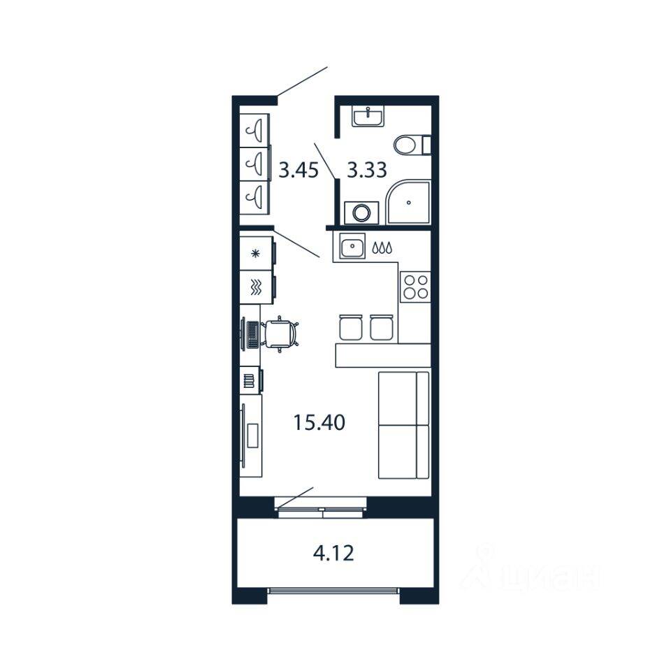Планировка 1 комнатной квартиры, 21.9 м², в «Полис Новоселье»