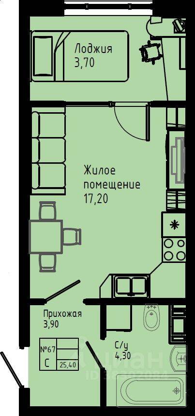 Планировка 1 комнатной квартиры, 29.1 м², в «Pixel»