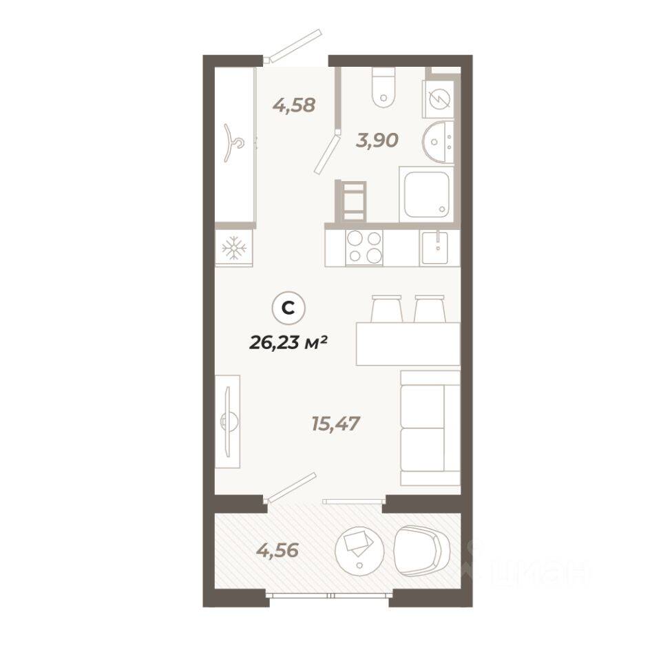 Квартира-студия, 26,23 м², в ЖК «Знатный»