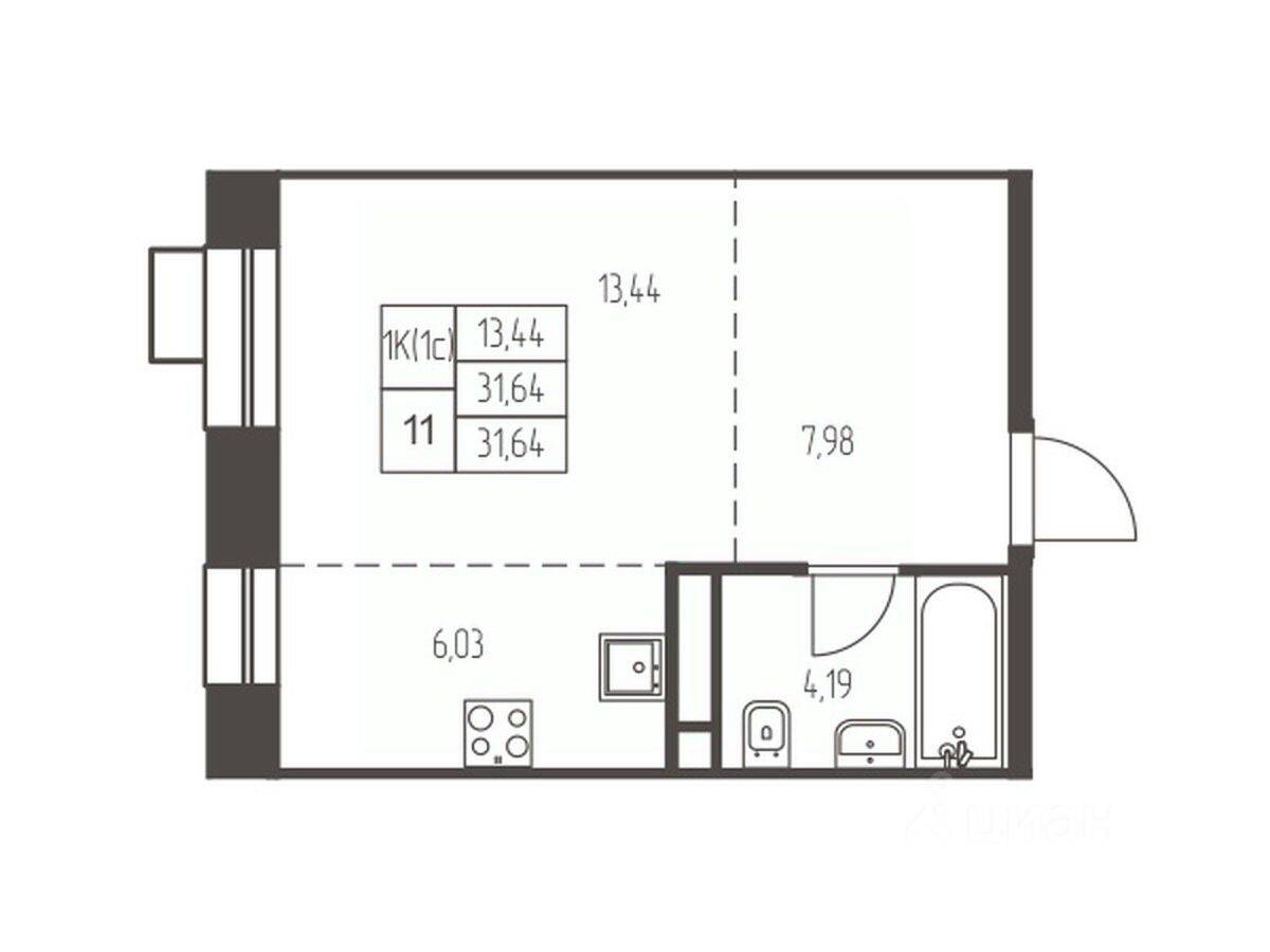 Планировка 1 комнатной квартиры, 31.6 м², в «Новая Ивантеевка»