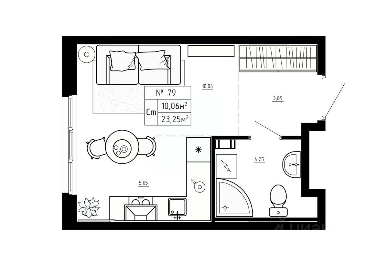 Планировка 1 комнатной квартиры, 23.25 м², в «Аннино Сити»
