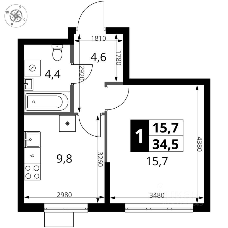 1-комн. квартира, 34,5 м², в ЖК 1-й Ясеневский