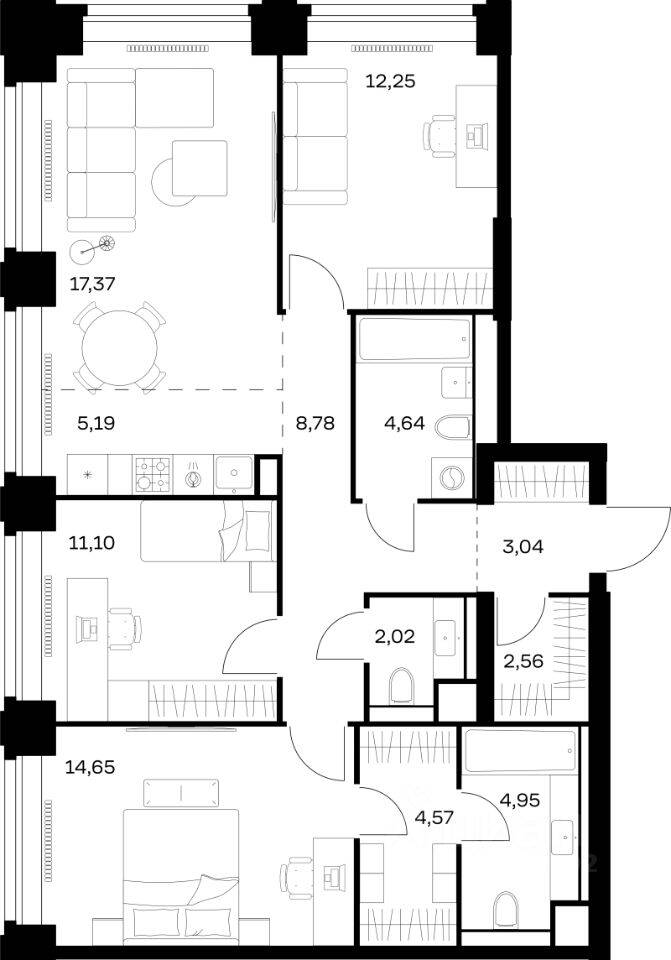 3-комн. квартира, 91,12 м², в ЖК Nova