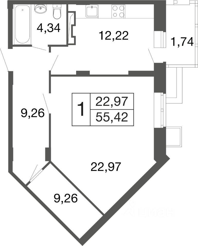 1-комн. квартира, 55,4 м², в ЖК «Времена года»