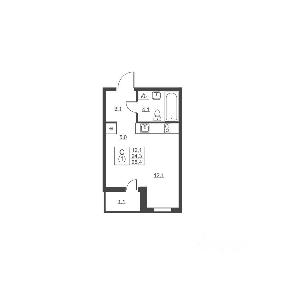 Квартира-студия, 25,4 м², в ЖК Ермак