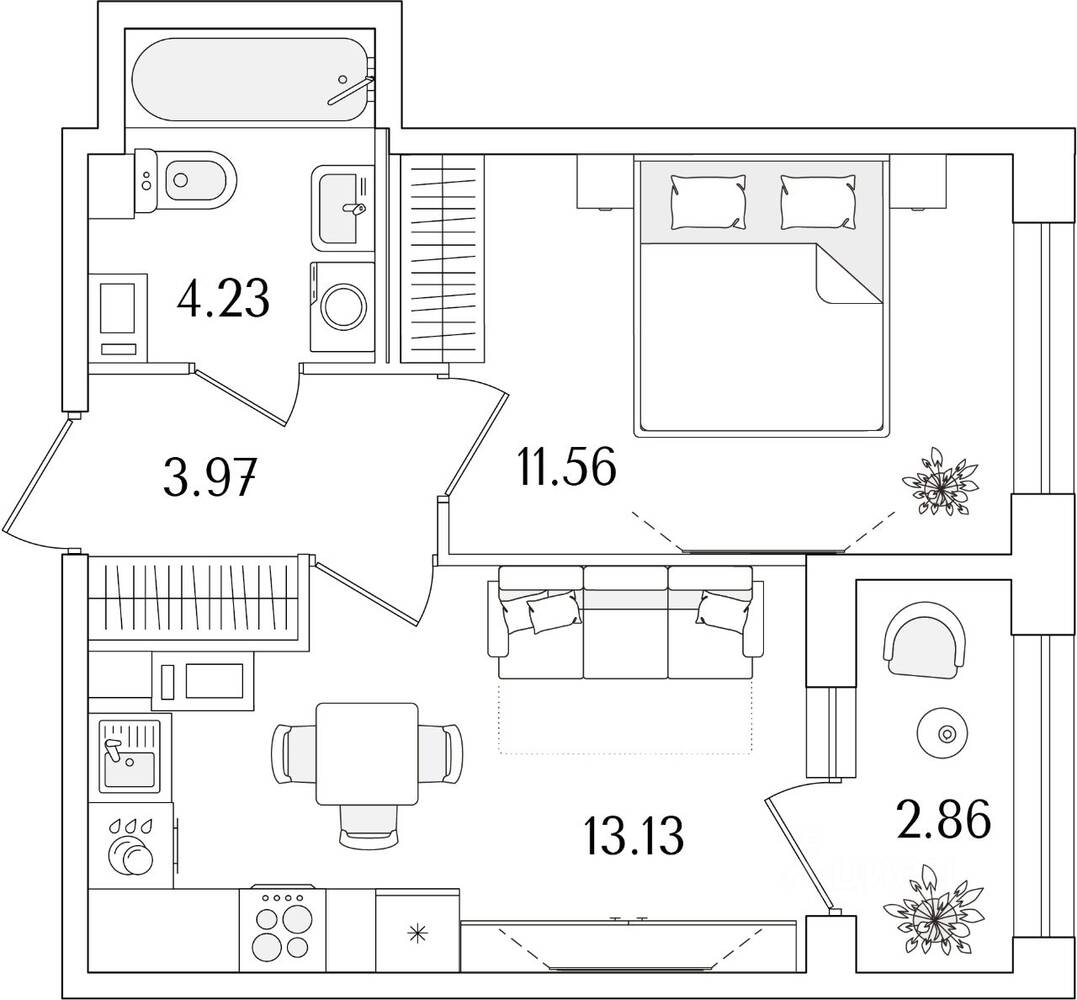 1-комн. квартира, 34,32 м², в ЖК «Аурум»