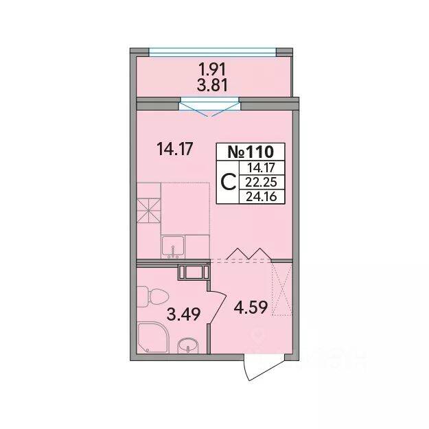 Планировка 1 комнатной квартиры, 24.16 м², в «Рождественский квартал»