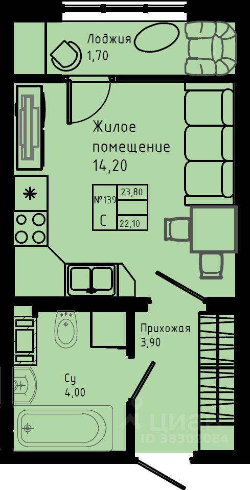 Квартира-студия, 23,8 м², в ЖК Pixel