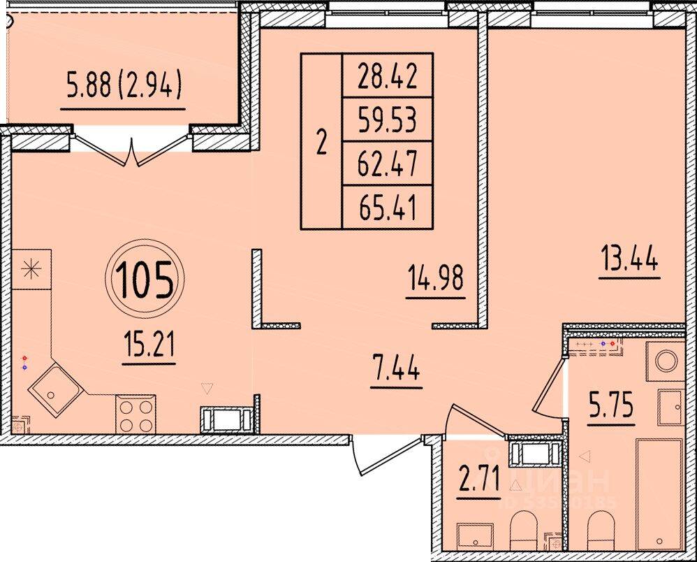 2-комн. квартира, 59,53 м², в Малоэтажный ЖК Образцовый квартал 17