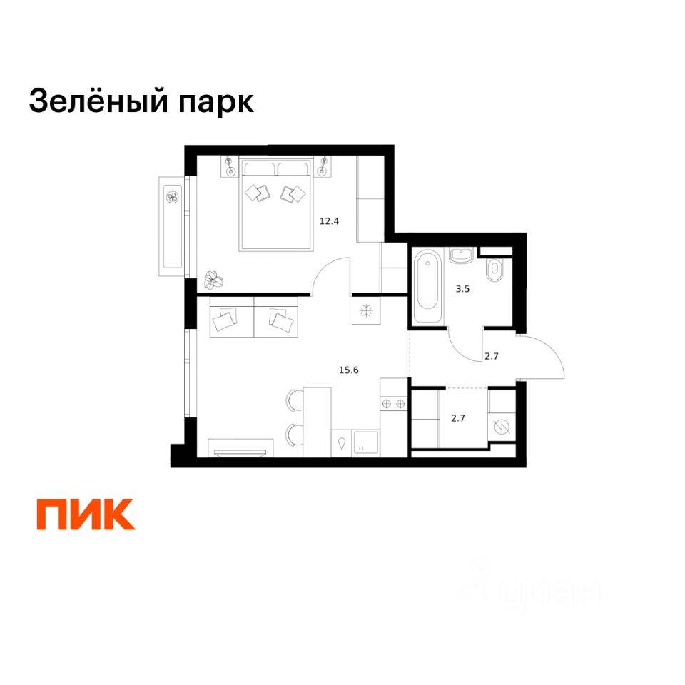 1-комн. квартира, 36,9 м², в ЖК Зеленый парк