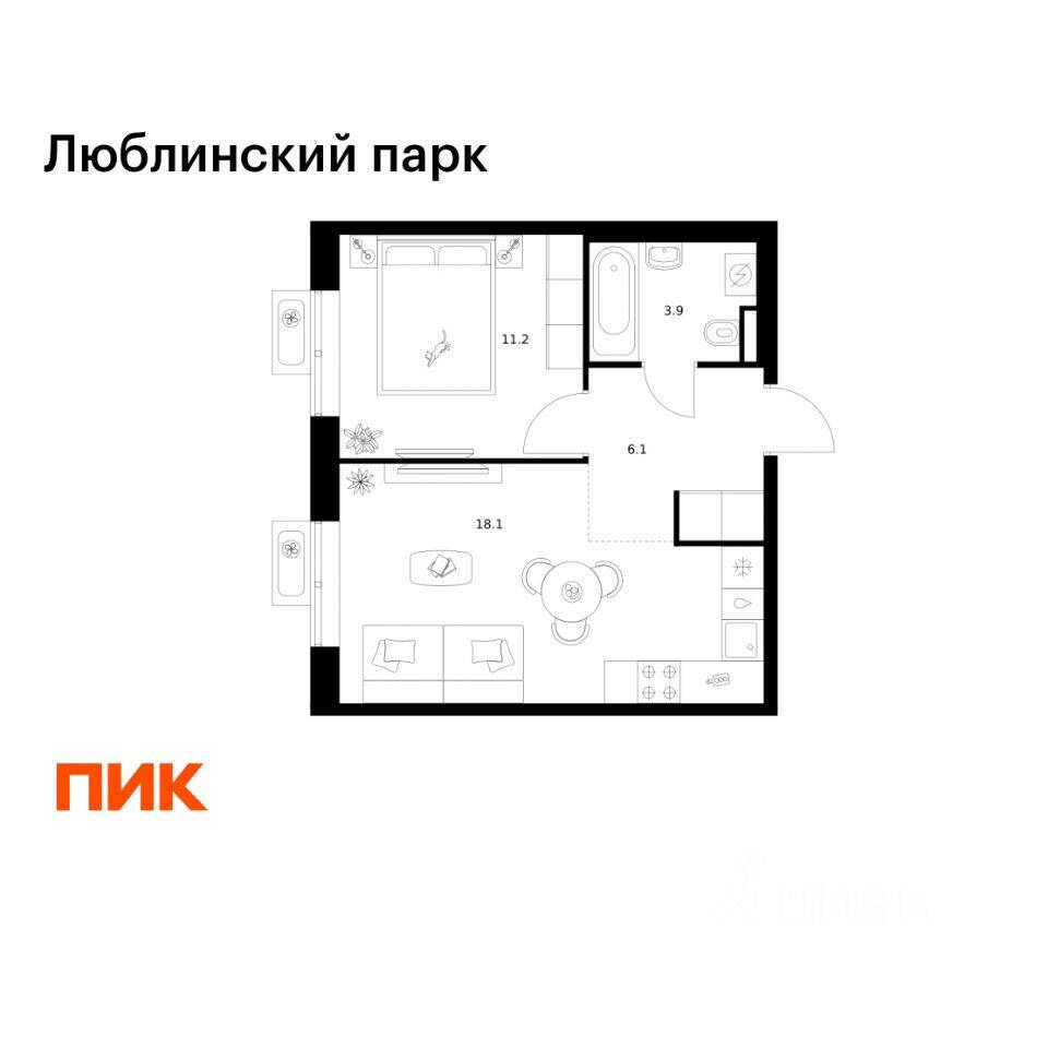 1-комн. квартира, 39,3 м², в ЖК «Люблинский парк»