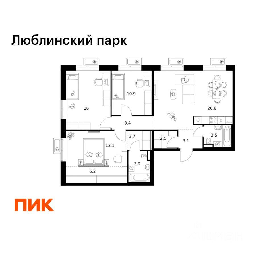 3-комн. квартира, 92,1 м², в ЖК «Люблинский парк»
