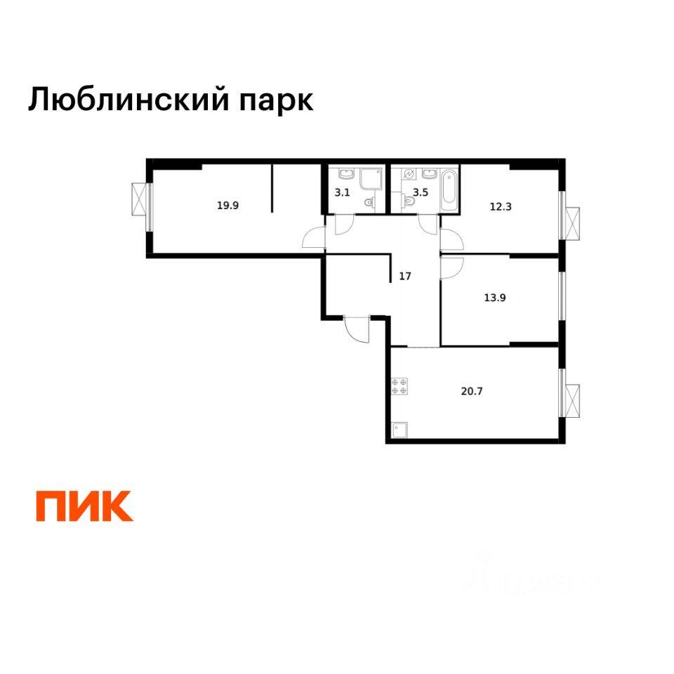 3-комн. квартира, 90,4 м², в ЖК «Люблинский парк»