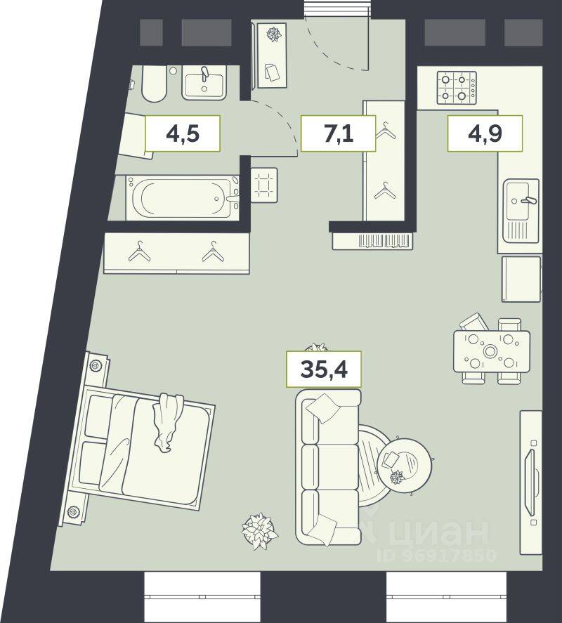 Планировка 1 комнатной квартиры, 51.9 м², в «Лайм»