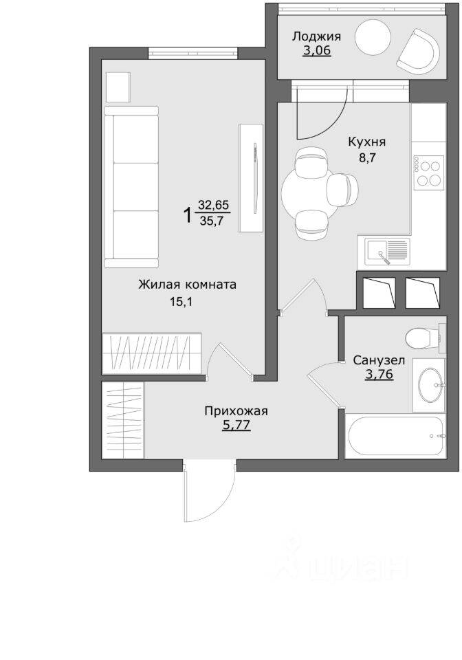 Планировка 1 комнатной квартиры, 35.6 м², в «Клевер»