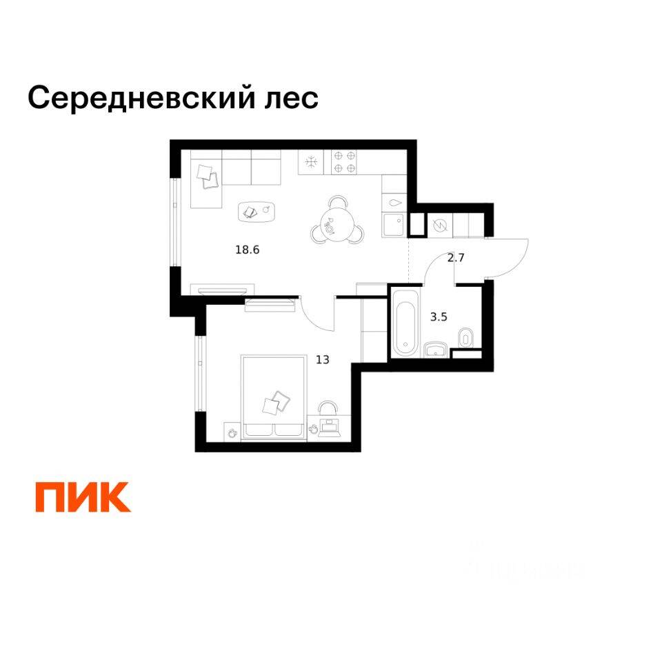 1-комн. квартира, 37,8 м², в ЖК Середневский лес