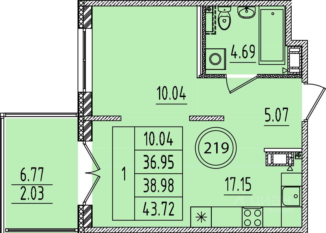 1-комн. квартира, 36,95 м², в Малоэтажный ЖК Образцовый квартал 14