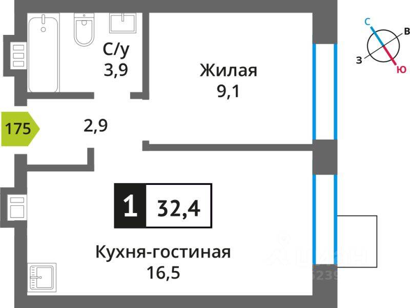 Планировка 1 комнатной квартиры, 32.4 м², в «Никольский квартал Отрада»
